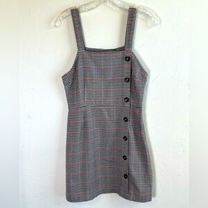 Brown and Red Plaid Y2K Jumper Mini Dress with Button on Front & Side Zip Sz S